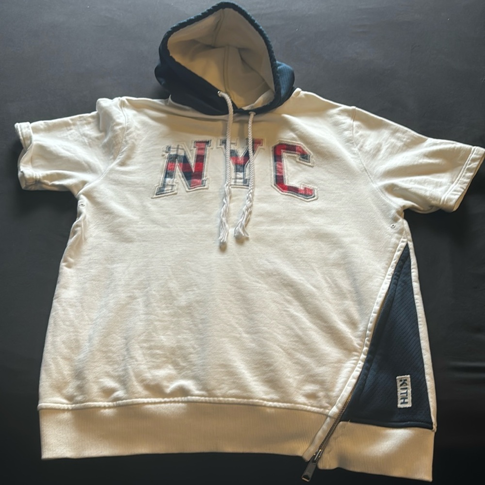 Kith short sleeve hoodie beige and navy blue size xl